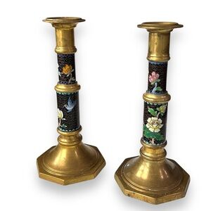 Pair vintage asian chinese brown gold brass cloisonne enamel candlesticks